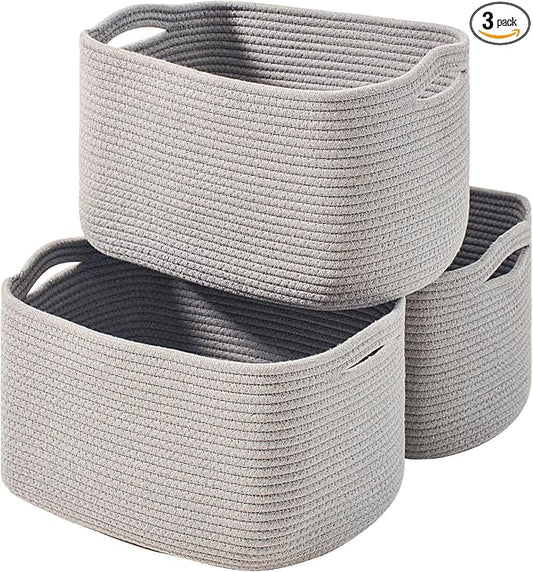 ICERZCZ Storage Baskets for Organizing Shelves, Woven Cotton Rope Bins for Baby Nursery Organization, Book Toy Towel Organizer, 15"x11"x9.5", 3 Packs, Grey