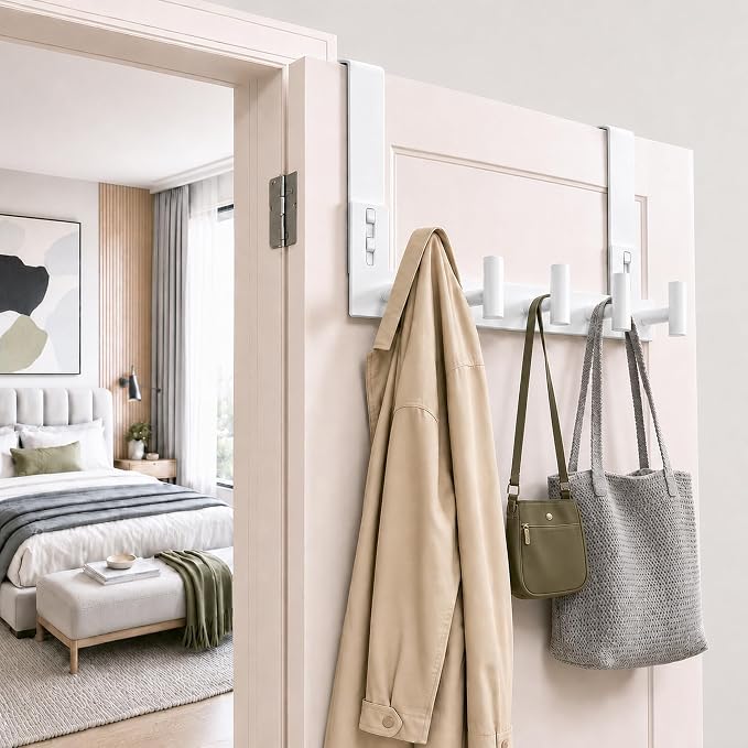 WUIVIUT White Stainless Steel Door Hanger for Towel, Heavy Duty Over The Door Hooks for Clothes, Coat (T-Shape, 5 Hook, Fits 1-3/4'' Thick)