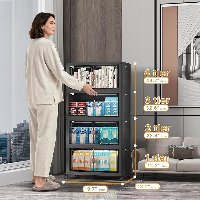 UAMFURI Stackable Storage Bins, 440QT Collapsible Drawers with 2 Lids | Large Capacity, Magnetic Door, Stack Lock, Rolling Wheels, Foldable Design, Organizers and Storage for Bedroom Dorm Garage