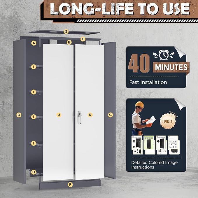 INTERGREAT Metal Storage Cabinet, 72” H Storage Cabinet with 2 Doors and 4 Adjustable Shelves for Office, Home, Garage, Pantry (Assembly Required, Grey White)