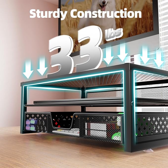 Simple Trending Metal Monitor Stand Riser and Computer Desk Organizer with Drawer for Laptop, Computer, iMac, Black | 16"W x 10"D x 6.25"H. Sturdy Metal Frame. 2-tier + drawer. Holds 66 lbs. Anti-slip. Fits laptop, monitor, iMac. Easy assembly