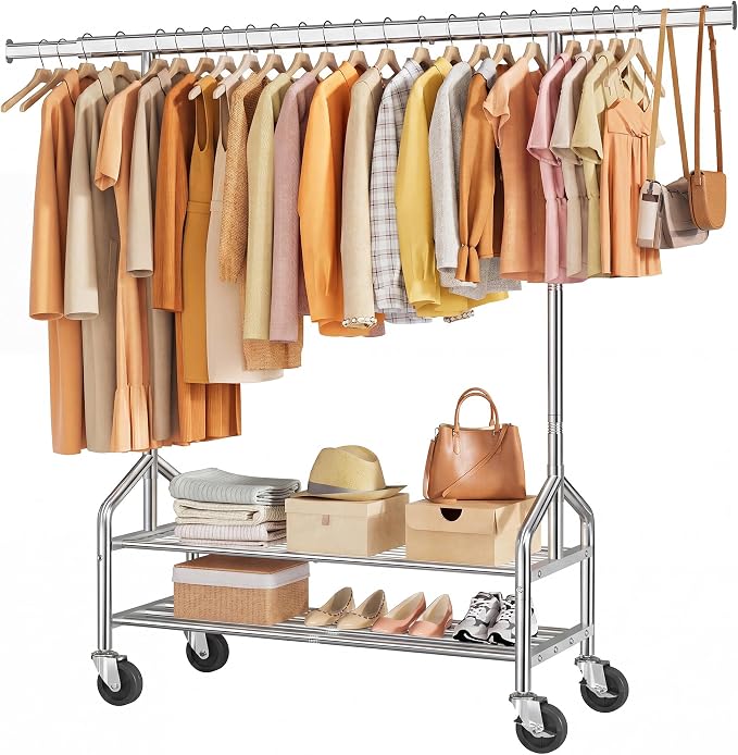 Clothes Rack with 2 Shelves, Heavy Duty Load 350 LBS, Chrome | Rolling Clothing Rack, Adjustable Length and Height, Garment Rack with Wheels for Bedroom, Student Dormitory and Laundry Room