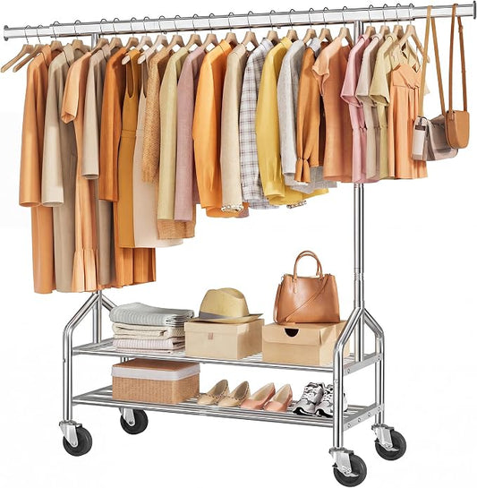 Clothes Rack with 2 Shelves, Heavy Duty Load 350 LBS, Chrome | Rolling Clothing Rack, Adjustable Length and Height, Garment Rack with Wheels for Bedroom, Student Dormitory and Laundry Room