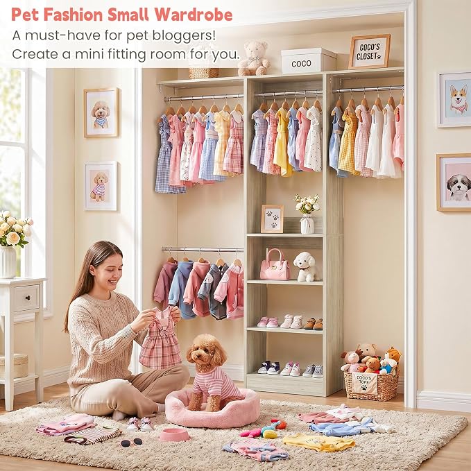 48" Small Closet System, Space-Saving Wall-Mounted Wardrobe Organizer, Mini Garment Rack for Narrow Spaces, Morning Outfit Prep Station & Nursery Dress-up Storage, White Oak