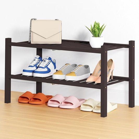 Smiry Bamboo Shoe Rack, 14 Vertical Slats, 2 Tier - 26.8" Wide, Brown | Stackable Free Standing Wooden Shoe Organizer, Wood Shoe Storage Shelf for Closet, Entryway, Thicher Leg