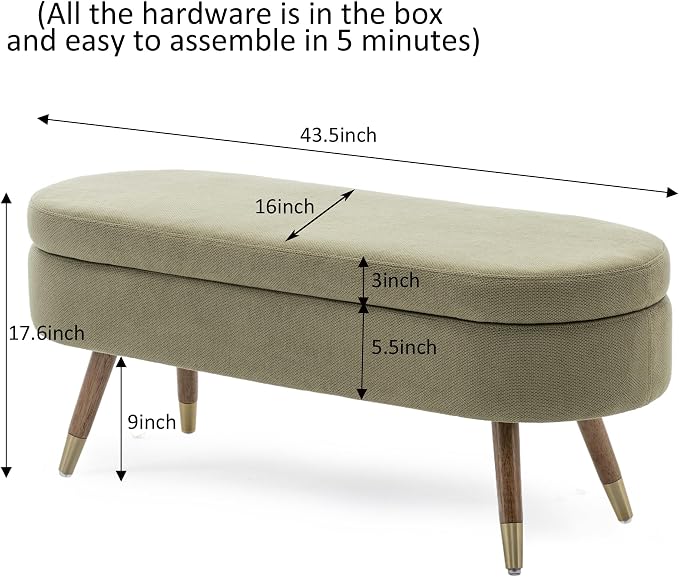 IAFIKE Oval Storage Bench 43.5" Ottoman Bench Upholstered Boucle Fabric Footrest Bench with Golden Metal Legs End of Bed for Bedroom, Living Room, Entryway,Bed Side (Green)