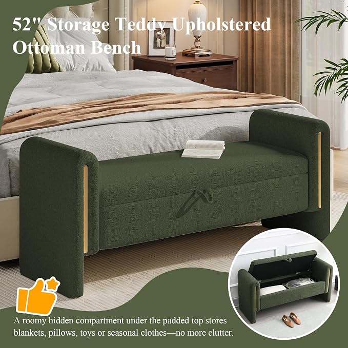 Storage Ottoman Bench, End of Bed Bench with Pull-Ring | 52" Teddy Upholstered, Window Bench with Armrest, Generous Storage, Safety Hinge, Holds 300 LBS, for Bedroom, Olive Green