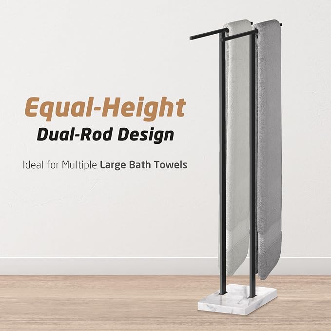 KES Standing Towel Rack, 37", Marble Base, 304 Stainless Steel, Matte Black | Equal-Height, Fits Large Bath Towels, 8.23 Lbs Weighted Marble Base, T-Shaped 18/8 Stainless Steel Rust Resistant, Bathroom