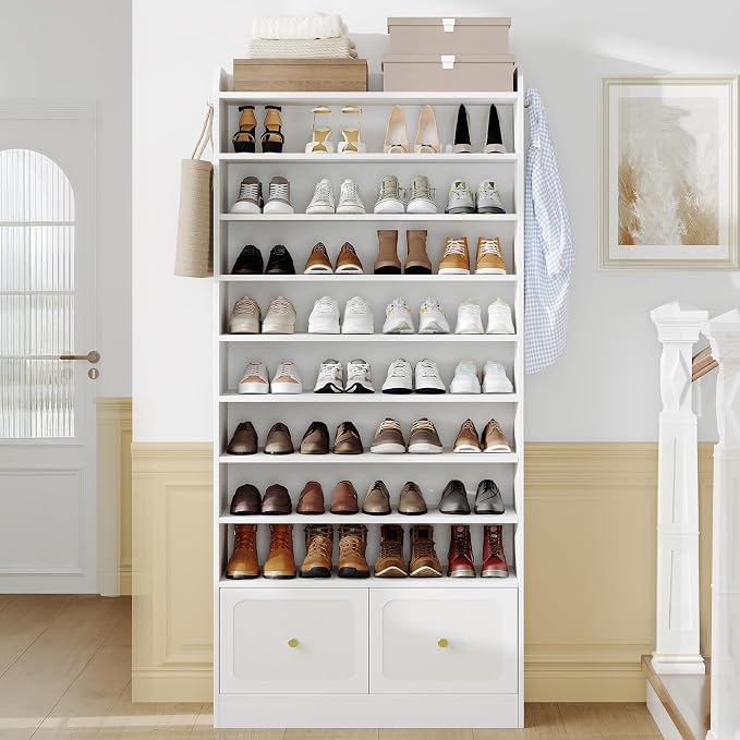Hzuaneri Shoe Storage Cabinet, 10 Tiers Shoe Organizer with 2 Cloth Drawers | Wooden Freestanding Shoes Cabinet with 2 Hooks, 40-45 Pairs, Shoes Cubby Organizer for Entryway, White SR52903MI
