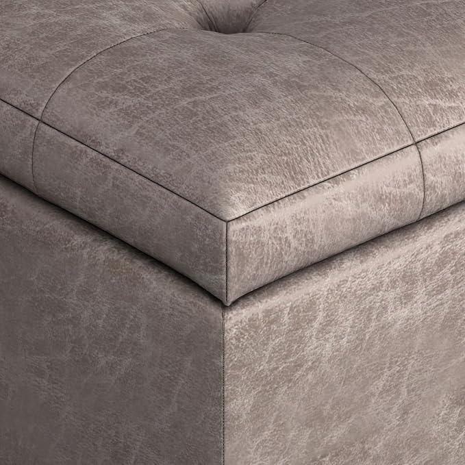 SIMPLIHOME Cosmopolitan 34" Wide Vegan Leather Storage Ottoman in Soft Blue | Distressed grey taupe, transitional storage ottoman with tufting and lift-up lid; rectangle storage bench for living room.