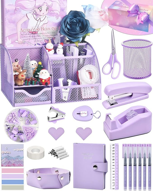 Purple Desk Accessories, 26Pcs Office Supplies and Desk Organizers, with Tape Dispenser, Stapler, Staple Remover Ect, Gift Box Packaging