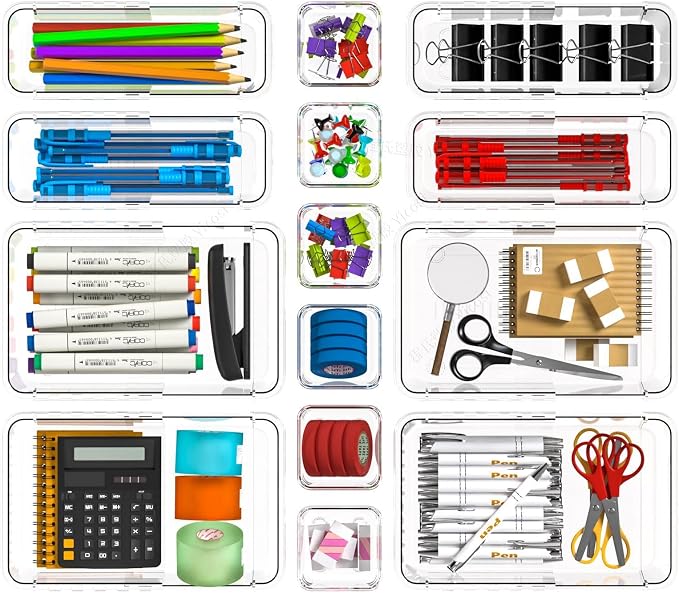 14 PCS Adjustable Clear Drawer Organizer Set - 3-Size Acrylic Storage Boxes for Makeup, Stationery, Kitchen Utensils, Tools & Bedroom Dresser Organization