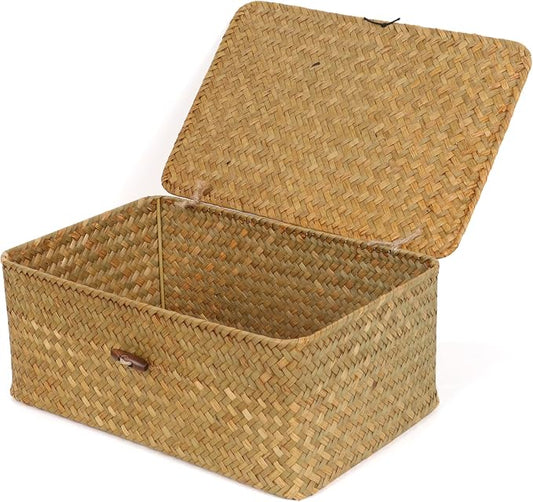 FEIALNDUO Wicker Shelf Baskets with Lid,Seagrass Storage Basket Bins Rectangular Handwoven Basket Boxes for Shelves Desktop Home Organizer (Natural, Medium)