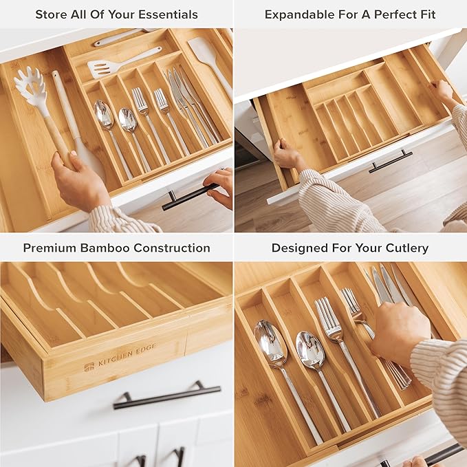 KitchenEdge Silverware & Utensil Drawer Organizer, 16-28 in, Bamboo | Cutlery, flatware, food-safe contract grade, kitchen drawer fit