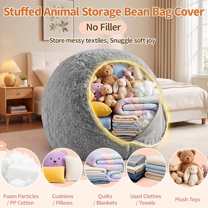 Stuffed Animal Storage Bean Bag Chair Cover, Soft Bean Bag Cover | Fluffy Faux Fur Stuffed Animal Storage Chair, Non-Slip Bottom, Fill with Plush Toys or Blankets, for Adults Teens Kids Girls