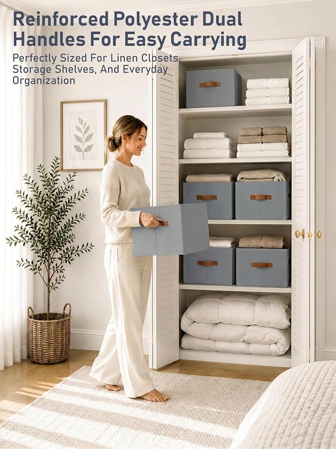 8 Pack Large Closet Storage Baskets Bins for Shelves, Collapsible Fabric Closet Organizers and Storage with Polyester Handles, Decorative Baskets for Organizing Clothes, Towels, Linen Closet 14"x10"