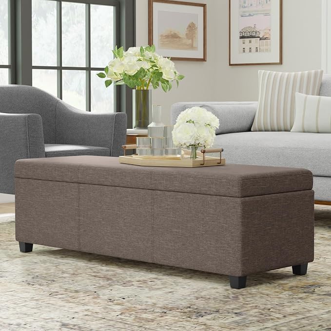 SIMPLIHOME Avalon 54" Wide Vegan Leather Storage Ottoman in Brown | Contemporary lift-top ottoman with high-density foam; rectangle storage bench or coffee table for living room or entryway.