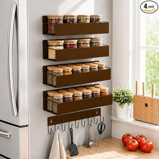 SMRCAD Metal Magnetic Spice Rack 4 Pack with Hook – Heavy-Duty | Iron construction, dust-resistant, fits condiment bottles, includes screws for optional wall mount