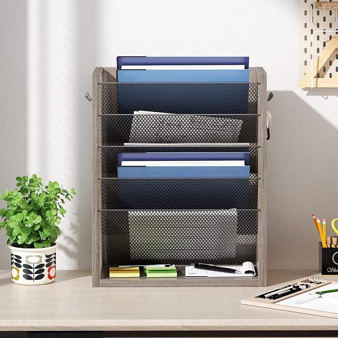 Mail Organizer Wall Mounted, 6-Slot Hanging File Organizer with Key Holder | Mail Sorter, Wood Letter Holder for Envelopes Bills Magazine Folders Papers Accessories for Home Office, Greige