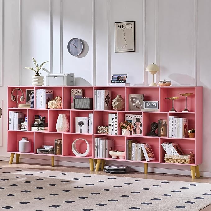 LEYAOYAO 10 Cube Bookshelf,Mid-Century Modern Bookcase with Legs,Light Pink | 3 Tier Book Shelf, 55" Wide Rustic Wood Bookshelves Large Storage Organizer, Open Shelves for Bedroom, Living Room, Office