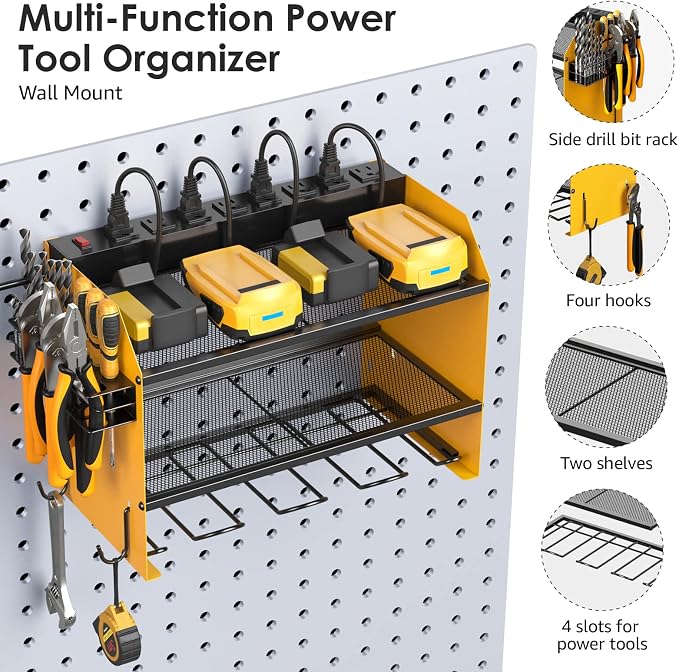 CCCEI Wall Mount Modular Tool Charging Organizer, Yellow, 1 Pack, 3 Tier. | Drill Battery Storage Rack with Hooks, Garage Workshop, Gifts for Men, Dad, Husband Anniversary, Birthday, Christmas