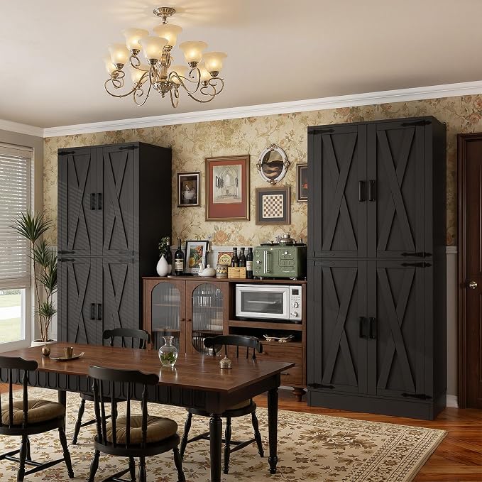 Unikito Black 71" Tall Kitchen Pantry Cabinet, Hidden Drawers and Farmhouse Barn Doors, 8 Adjustable Shelves, Freestanding Cupboard for Kitchen, Dining Room, Living Room, Utility Room, 2 Pack