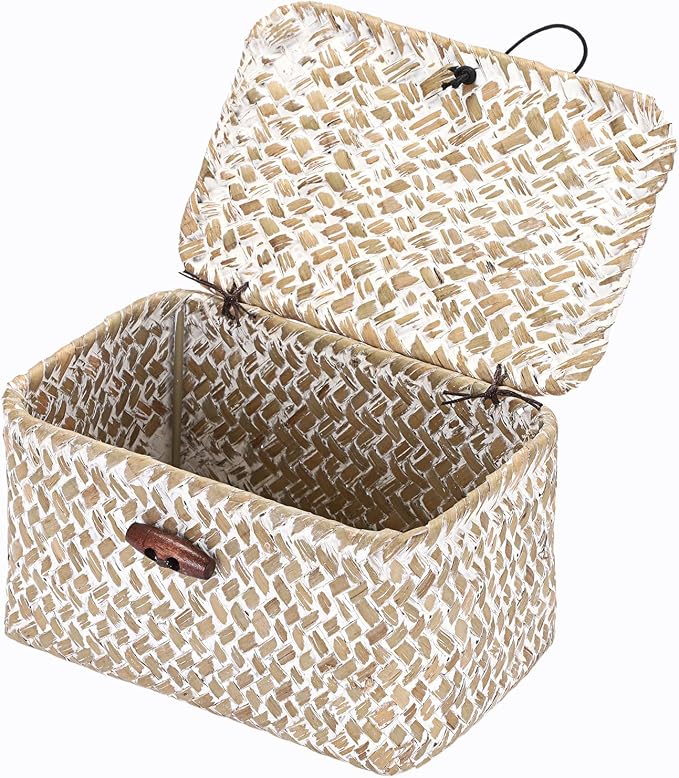 Hipiwe Wicker Shelf Basket Box Mini Seagrass Baskets with Lid,6.1"x4"x3.3" | Tabletop Basket Organizer for Shelf Bathroom Home Decor, Key Basket Holder Box for Entryway, Whitewash