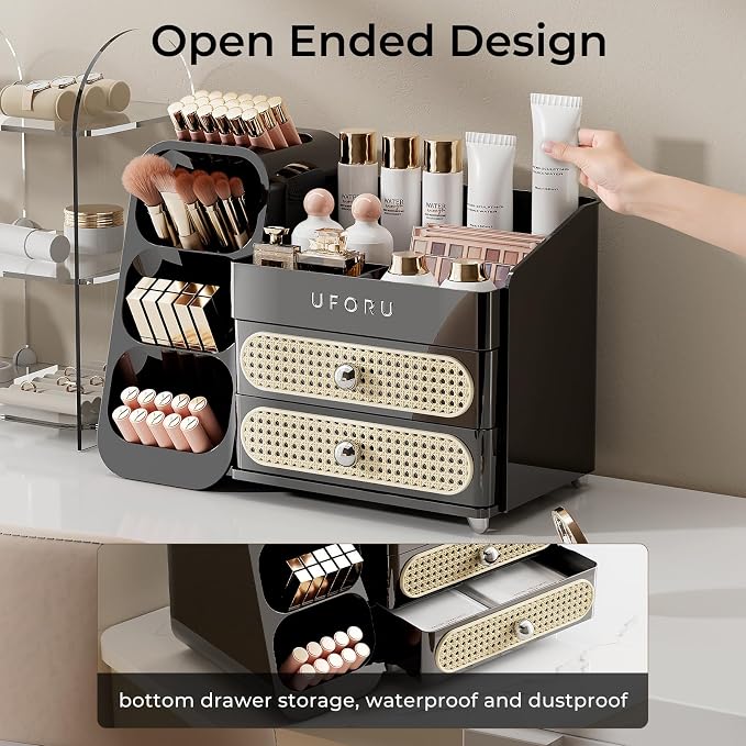 UFORU Makeup Organizer Countertop with Brush Holder for Vanity Bathroom | Large Capacity, Thickened Plastic, 2 Rattan Drawers, Compact Size, Detachable Brush Holder, Divided Compartments, Easy Access
