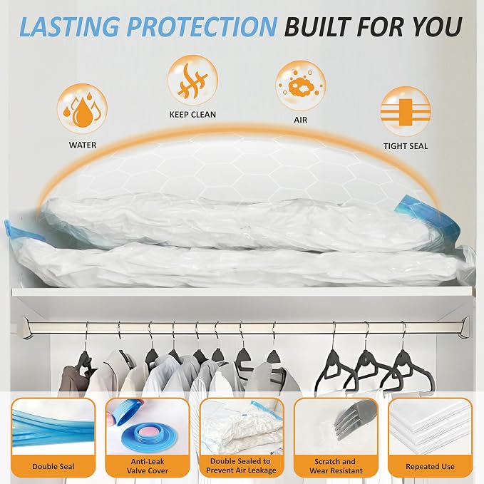 Cozy Essential Vacuum Storage Bags, 80% Compression Vacuum Seal Space Saver Plastic Packaging Bags for Clothes, Blankets, Pillow, Bedding, Comforters, Sealer Clothing Storage,12 Large