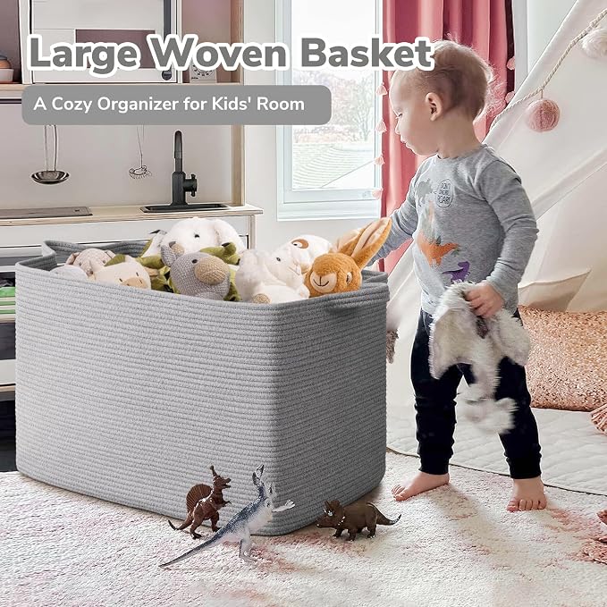 Goodpick 105L Extra Large Woven Blanket Basket, Cotton Rope Storage, Gray | 25 x 16 x 16 in, Rectangle, Blankets, Toys, Pillows & Clothes Storage, Living Room, Bedroom & Nursery Organization