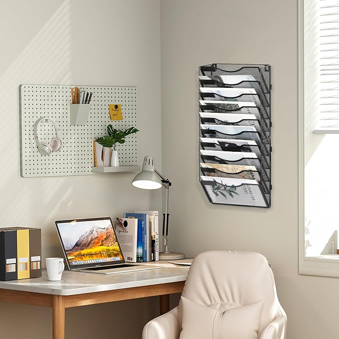 EasyPAG Wall File Organizer for Office 10 Pocket Mesh Wall Mounted Paper Organizer Hanging Folder Holder with Nametag Label for Home School, Black