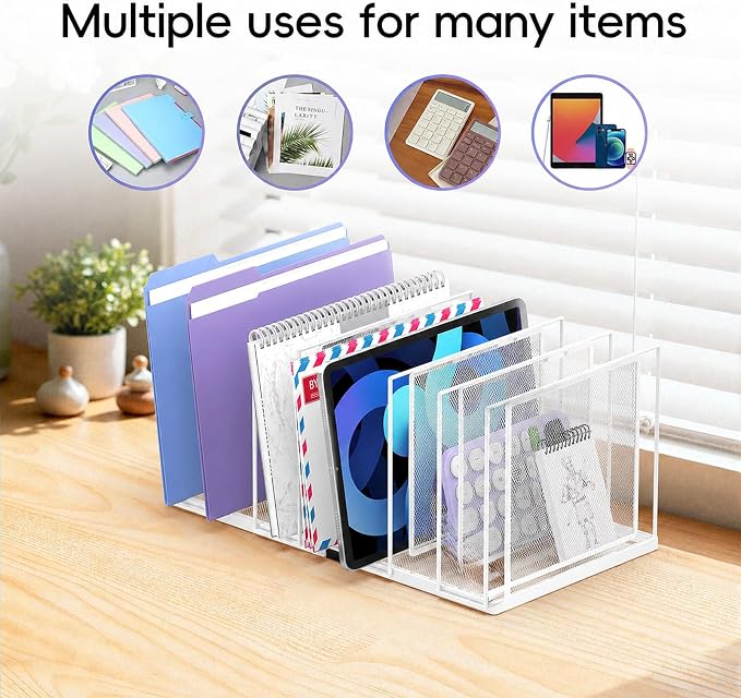 File Organizer for Desk, 7-Section Vertical File Sorter, Paper Holder Organizer Standing Metal File Folder for Office Home Classroom, White