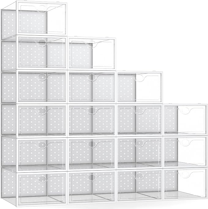 18 Pack X-Large Shoe Storage Boxes, Shoe Organizer Clear Stackable | Fit US Size 11, 6.2” Height, Shoe Dispaly Case Holder Bins Sneaker Storage for Sneakerheads, For Home and Family, White