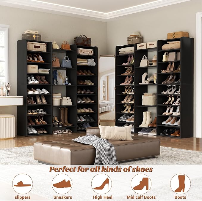 Unikito 14-Tier Shoe Cabinet, Wood Storage Organizer for Entryway, Black | 22 Open Cubbies, Freestanding Footwear Rack Shelf for Front Door Entrance, Living Room, Hallway, Bedroom, Home Wooden