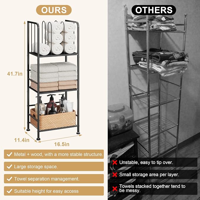 3-Tier Freestanding Towel Racks for Bathroom, Black Towel Rack Stand | Detachable M-shaped Dividers for Bath Towel Storage Premium Iron & Wood Holder Crafted for Bathroom Organization