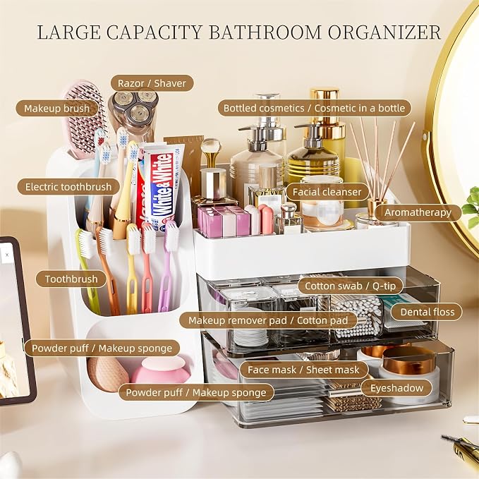 Makeup Organizer with Drawers for Vanity Bathroom Counter Organizers and Storage, Large Skincare Organizer with Brush Toothbrush Holder for Perfume, Nail Polish, Dresser, Office Supplies, White