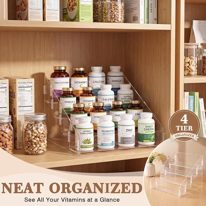 Novabright 4 Tier Acrylic Vitamin Organizer 14.2 x 11.6 x 7.9 Inches, Clear Pill Bottle Storage for Medicine Cabinet, Vitamin Storage Organizer for Kitchen Counter, Bathroom, Pantry