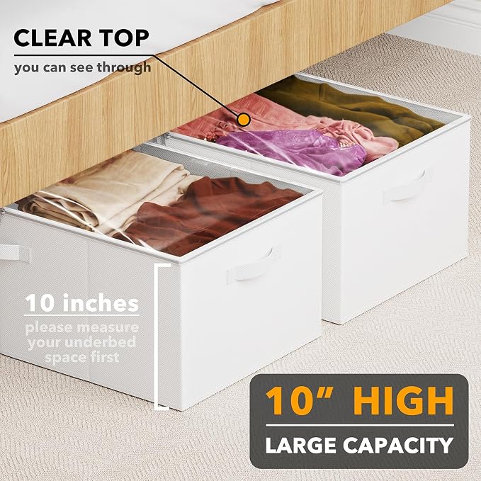 SpaceAid 2 Pack 10" High Under Bed Storage Containers, Large Underbed Storage Organizer Bins with Lids for Bedroom, Dorm, Clothes, Closet Organization, Bed Sheets and Blankets (White)