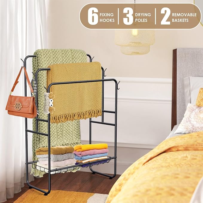 Kayfia 40'' Freestanding 3 Tier Metal Towel Rack, 2 Baskets & 6 Hooks | Dual-Use Drying & Display Rack, Holds Oversized Bath Towels & Blankets, fits Indoor, Bathroom, Bedroom & Outdoor, Black