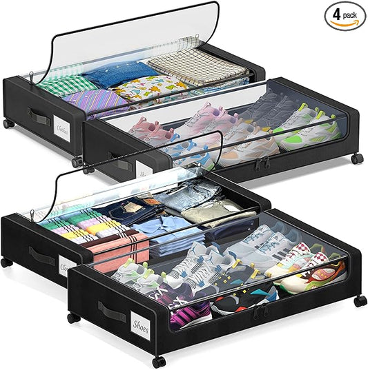 Under Bed Storage with Wheels, 4 Pack Under Bed Storage Containers with Dividers & Clear Lids, XXL 65L Under the bed storage Organizer Bins, Underbed Storage with Wheels for Clothes,Shoes,Toys - Black
