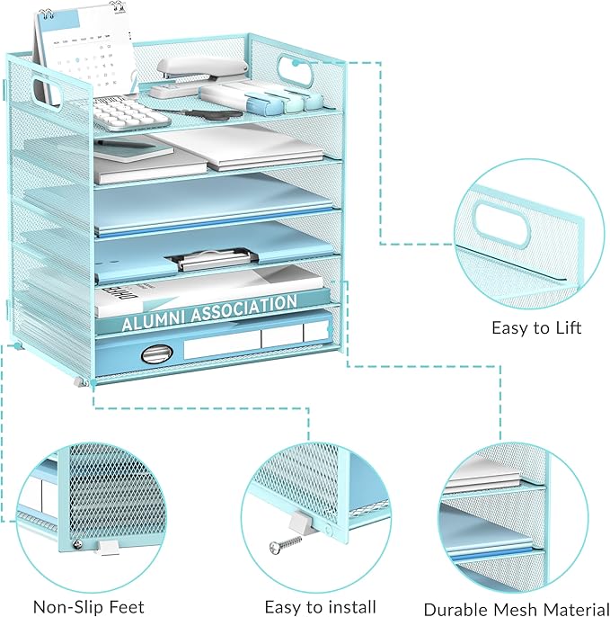Daltack 6-Tier Paper Organizer for Desk with Handle, Blue | Sturdy Metal Mesh Organizer with Movable Middle Trays and a Carry Handle for Papers, Folders and Office Supplies