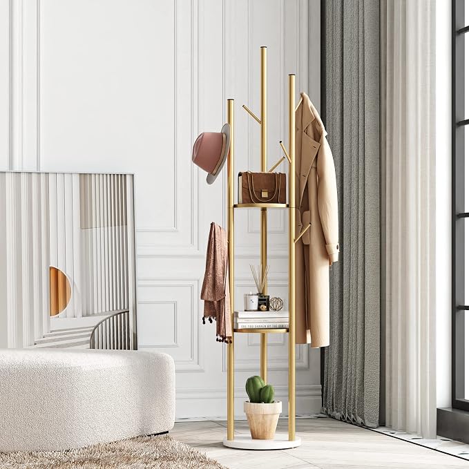 DOORXIFO Metal Gold Coat Racks Freestanding, Coat Hanger Stand, Hall Tree Rack for Hanging Hats, Scarves, Bags, Modern Coat Rack with Double Shelves, Corner Coat Rack, 9 Hooks, Gold