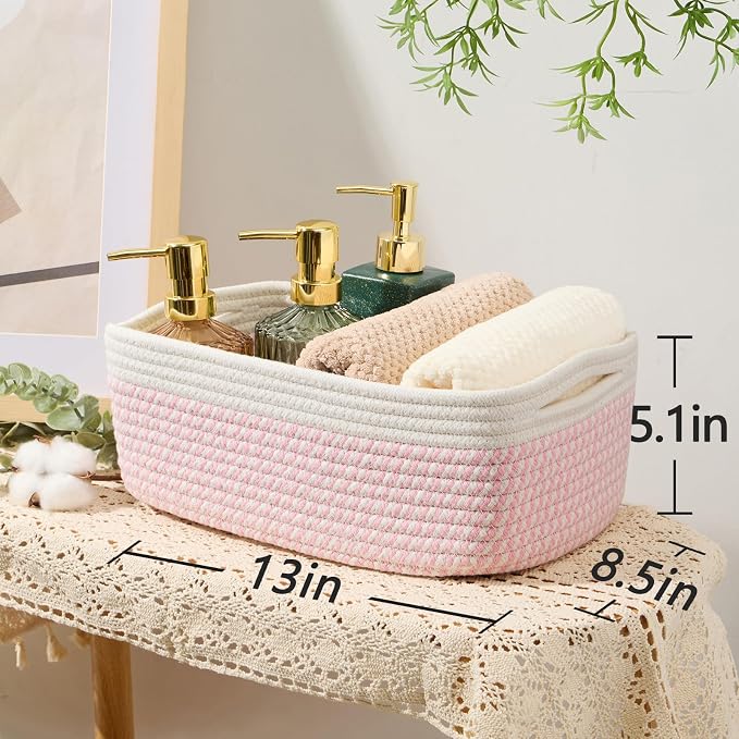MiniArk Small Storage Baskets for Organizing | Closet Organizer Bins | Shelf Toy Basket | Woven Rope Baskets | Cube Decorative Box | Shallow Basket | 13x8.5x5.1” | 4 Packs White Pink