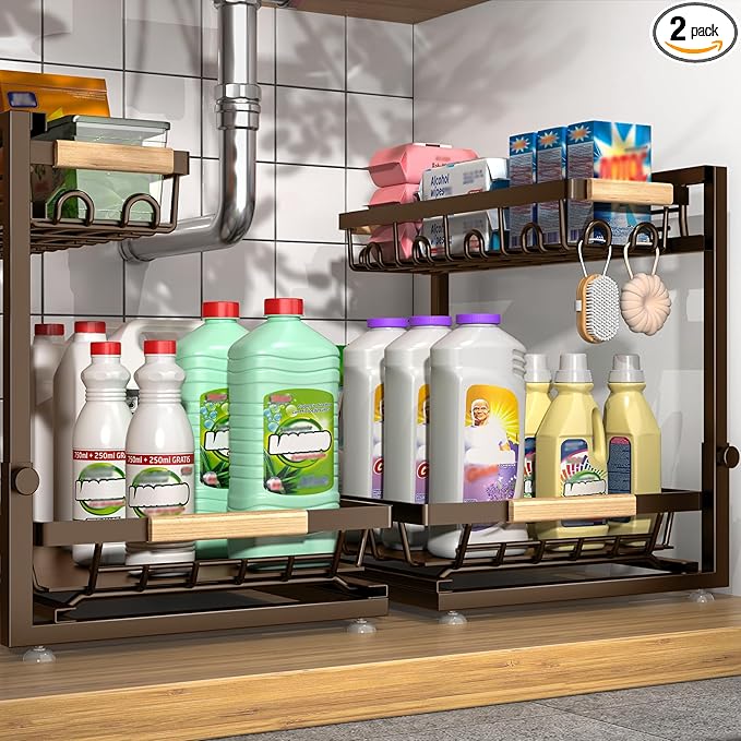 Sevenblue 2-Pack 2-Tier Height Adjustable Under Sink Organizer & Storage | Multi-purpose storage for kitchen & bathroom cabinet. Extra Large brown shelf, height adjustable design for space-saving.