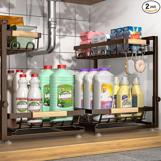 Sevenblue 2-Pack 2-Tier Height Adjustable Under Sink Organizer & Storage | Multi-purpose storage for kitchen & bathroom cabinet. Extra Large brown shelf, height adjustable design for space-saving.