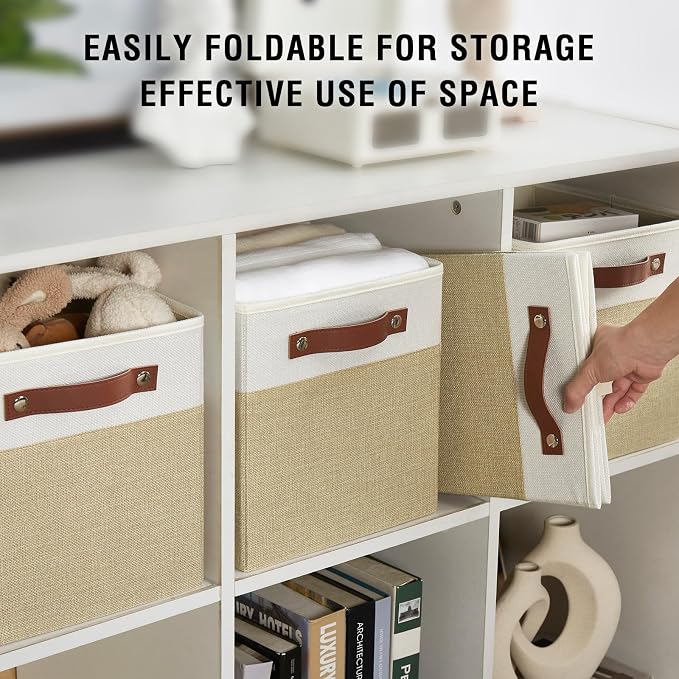 Bagnizer Collapsible Fabric Storage Cube Bins with 2 Reinforced PU Handles, Foldable Storage Organizer Baskets for Closet, Shelves, Living Room | 11"x11"x11", 4 Pack, Beige & White
