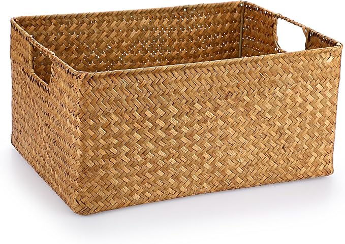 Hipiwe Seagrass Storage Baskets Bin for Shelf Large Handwoven Wicker Basket | Rectangular Bedroom Bathroom Organizer Built-in Handles, Multipurpose Woven Basket Bin Boxes,14.6"x 10.6"x 7.1"