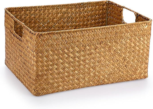 Hipiwe Seagrass Storage Baskets Bin for Shelf Large Handwoven Wicker Basket | Rectangular Bedroom Bathroom Organizer Built-in Handles, Multipurpose Woven Basket Bin Boxes,14.6"x 10.6"x 7.1"