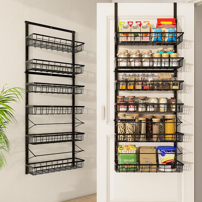 Mefirt Over The Door Pantry Organizer, Pantry Storage and Organization | 6-Tier Adjustable Hanging Baskets, Metal Wall Mount Spice Rack Seasoning Shelves for Home & Kitchen, Laundry Bathroom - Black