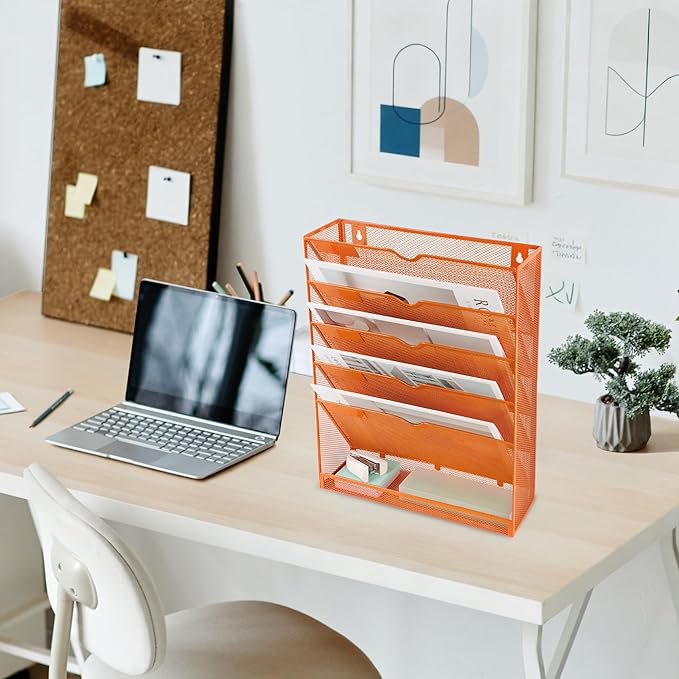 EASEPRES 6 Tier Mesh Hanging Wall File Organizer, Desk Vertical Mail Paper Document Folder Holder Rack with Bottom Tray and Nametag Label for Office Home School, Orange